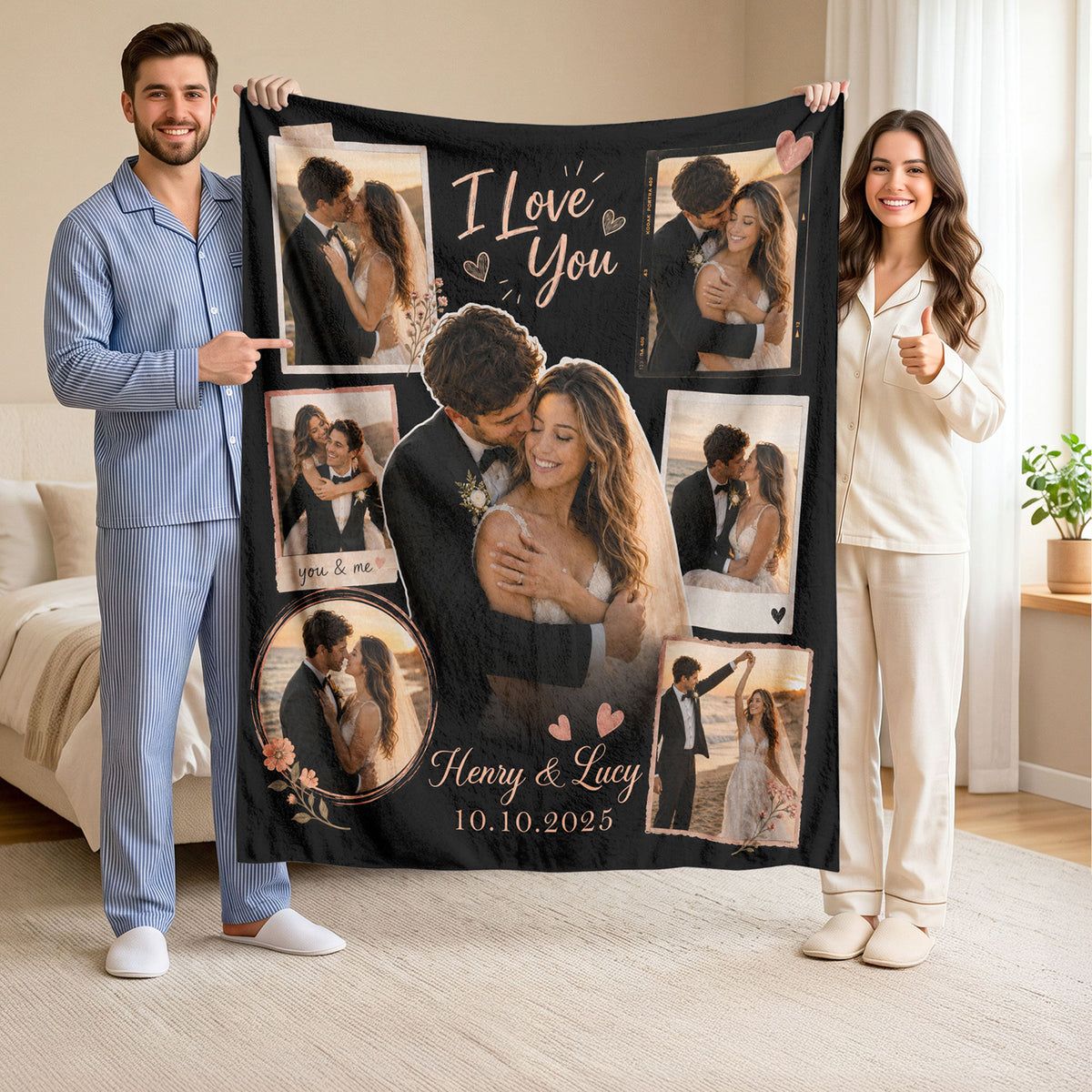 Custom Couple Photo Blanket Picture Collage I Love You Names Date Fleece Anniversary Gift