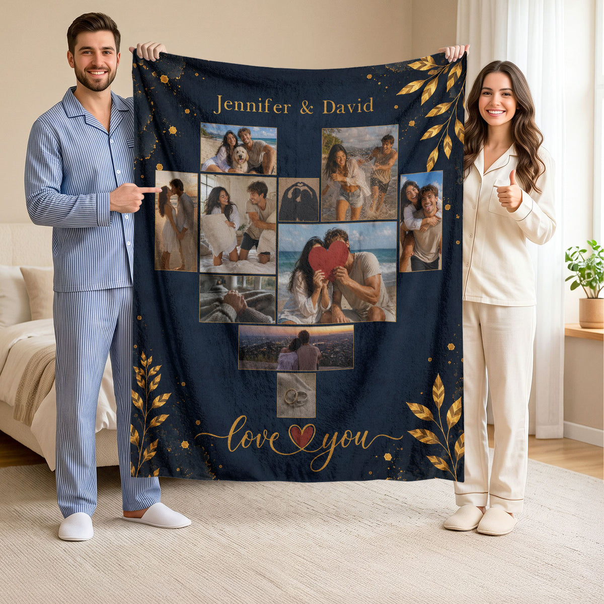 Custom Couple Photo Blanket Picture Heart Collage Names Soft Fleece Throw Anniversary Gift