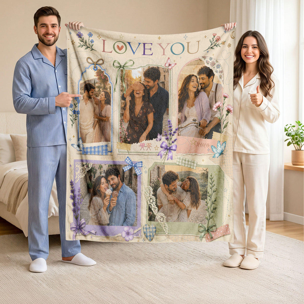 Custom Couple Photo Blanket Picture Collage Floral Love You Fleece Throw Anniversary Gift