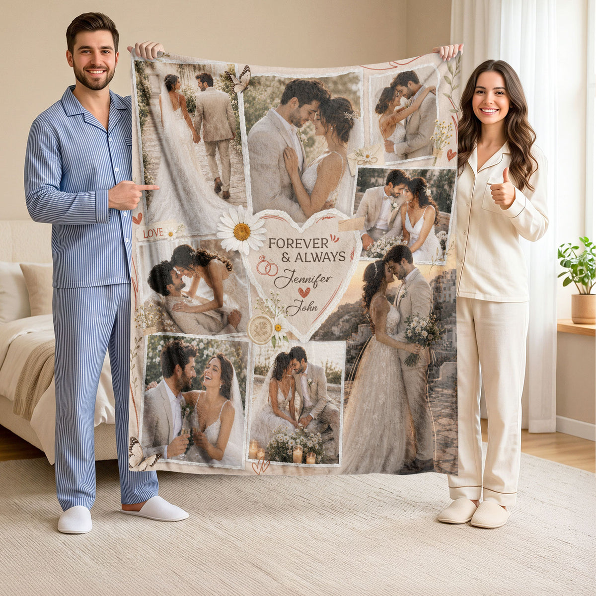 Custom Couple Photo Blanket Picture Forever Always Heart Collage Fleece Anniversary Gift