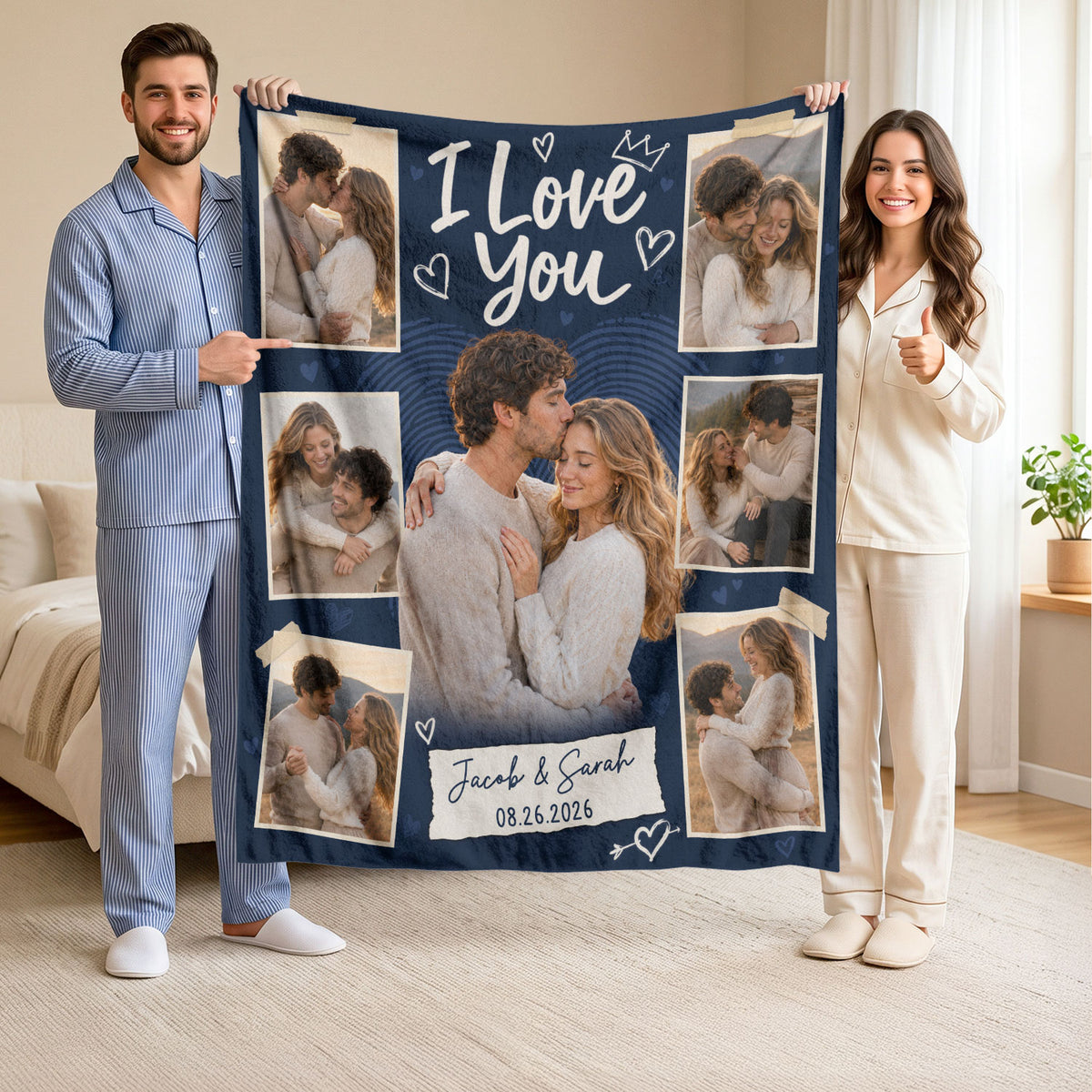 Personalized Photo Blanket for Couples Romantic I Love You Picture Collage Blanket