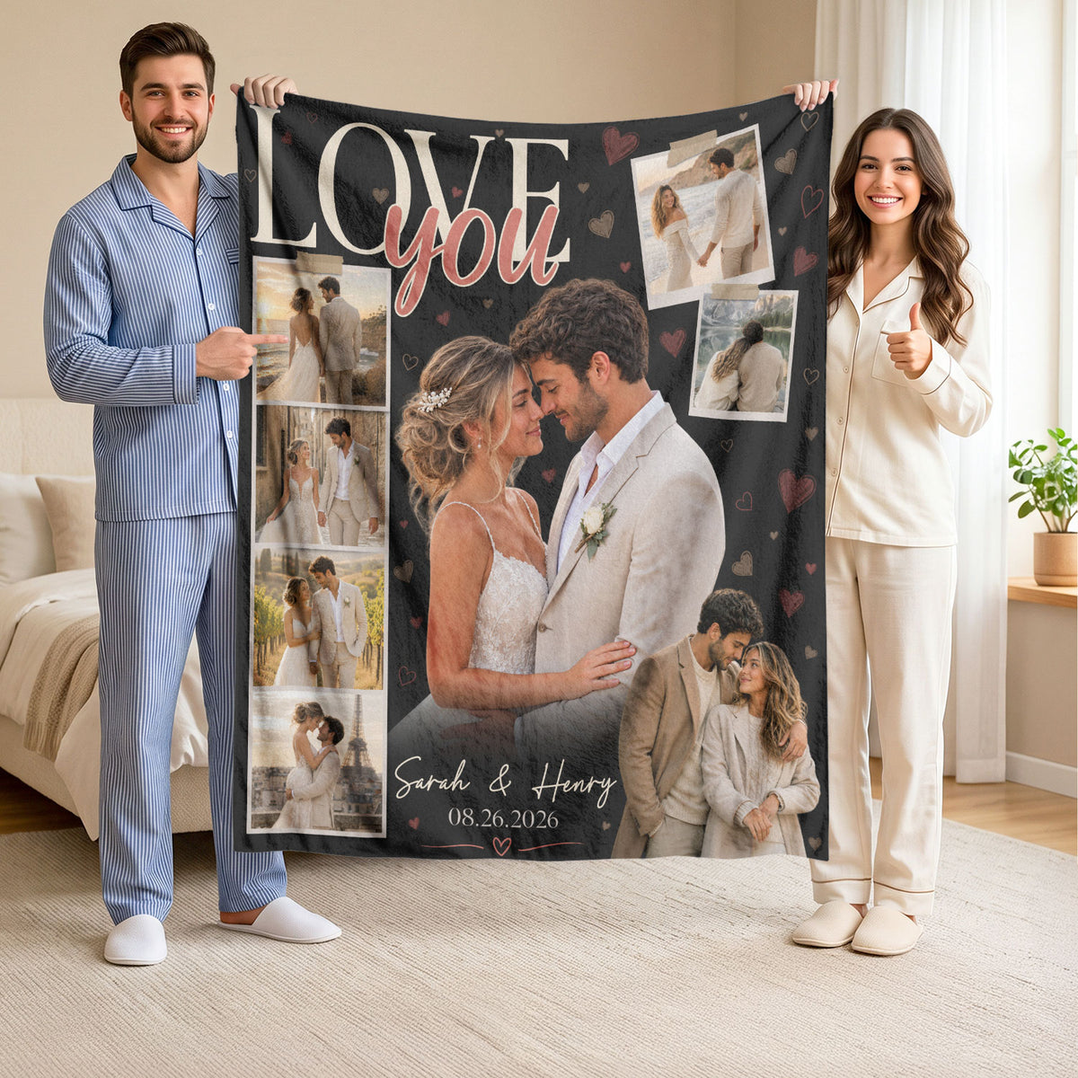 Custom Photo Blanket Couple Personalized Anniversary Gift Love You Collage Throw Blanket