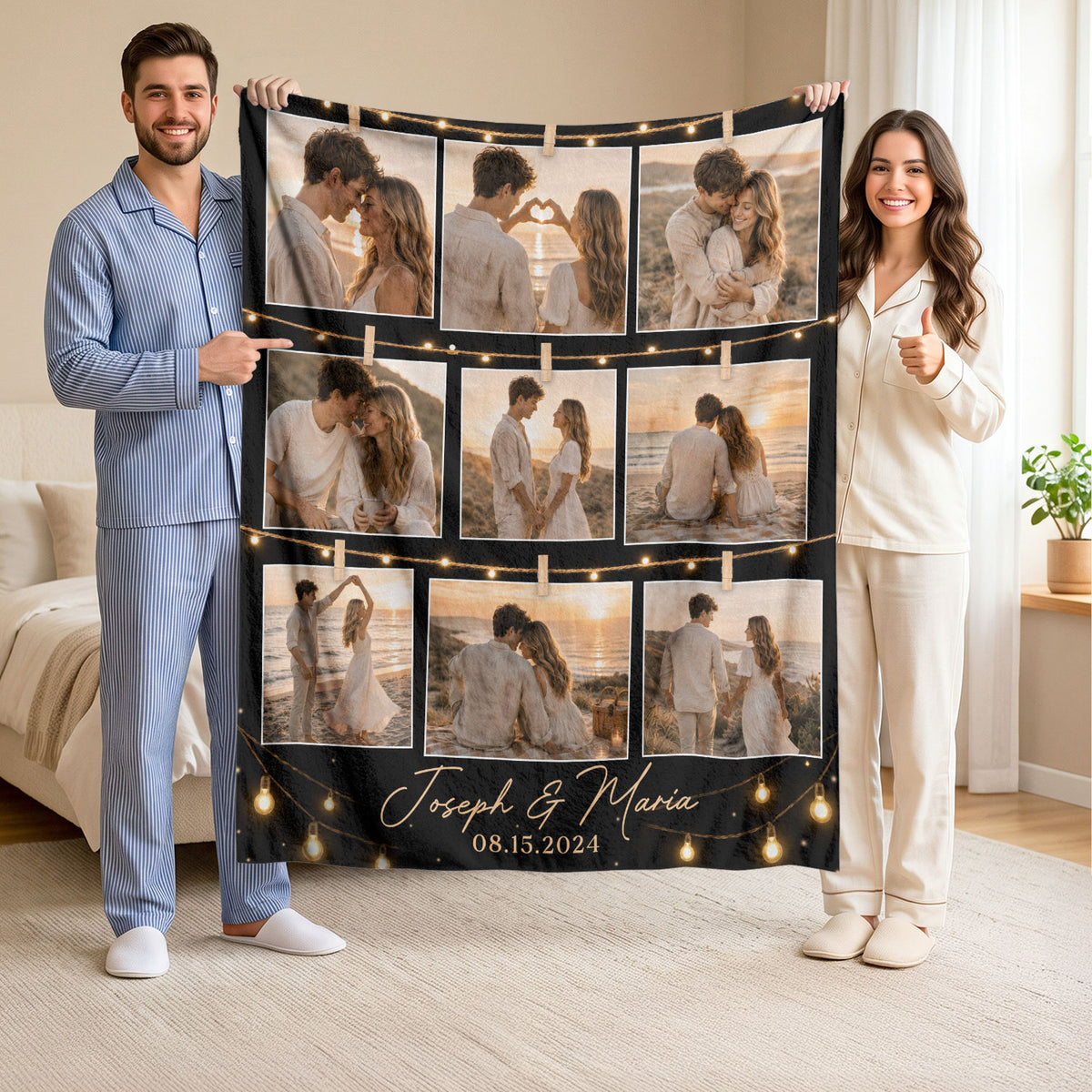 Custom Couple Photo Collage String Lights Blanket Couple Names Date Throw Keepsake