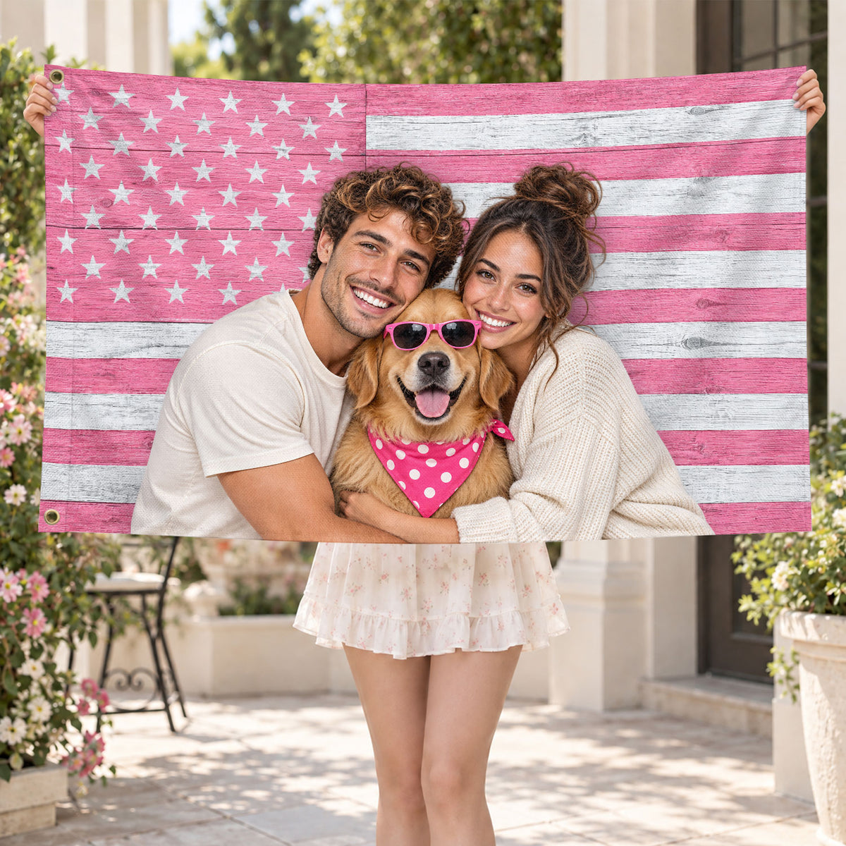 Custom American Flag with Photo Personalized Pink Wood Texture Picture Flag USA Decor
