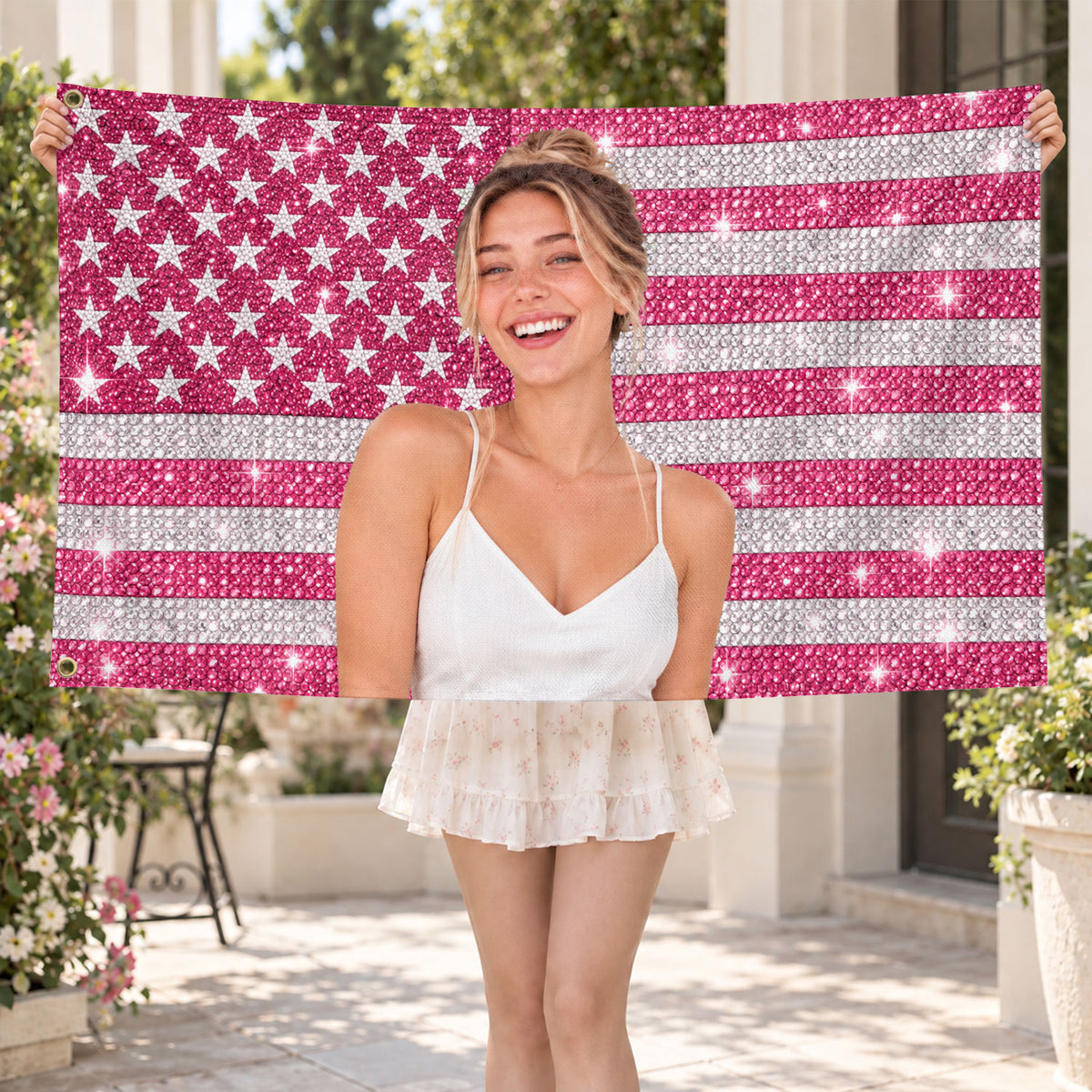 Custom Pink Rhinestone USA Flag Woman Dog Couple Friends Photo Banner Display Piece