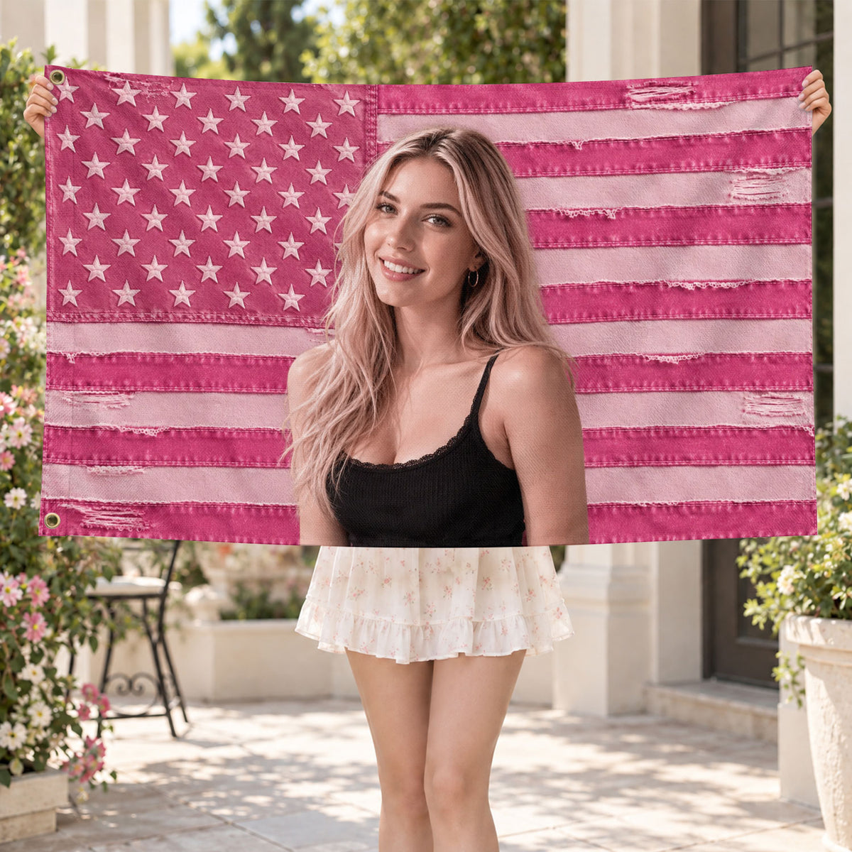 Custom Pink Distressed USA Flag Portrait Photo Collage Banner Wall Art Tapestry Piece