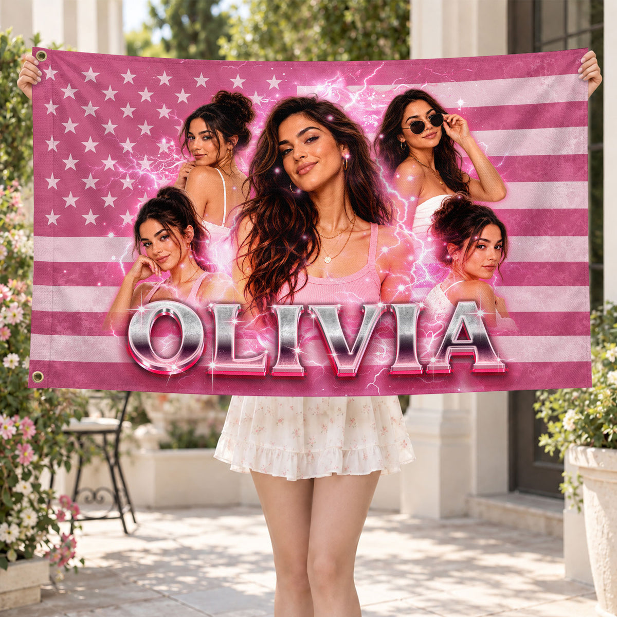 Custom Photo American Flag Personalized Pink Lightning Name USA Picture Flag Gift
