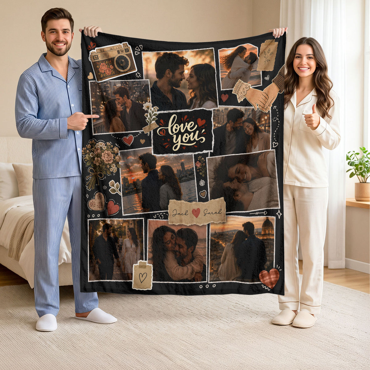 Custom Couple Photo Blanket Picture Collage Soft Fleece Throw Vintage Scrapbook Love Gift