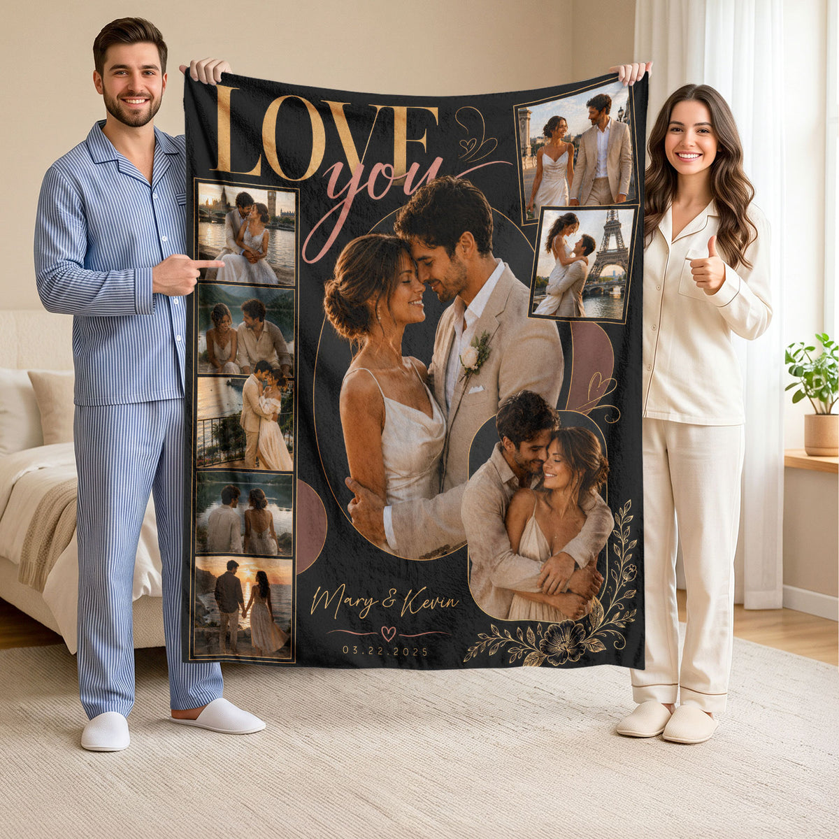Custom Photo Blanket Collage Couple Names Love You Date Soft Fleece Throw Romantic Gift