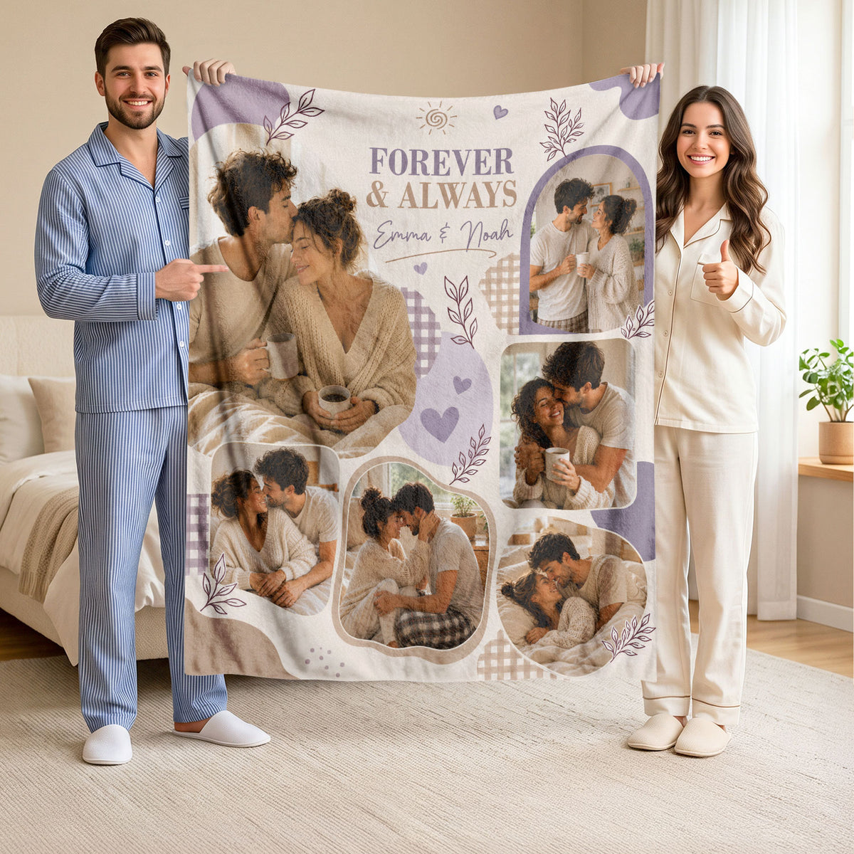 Custom Couple Photo Blanket Picture Collage Soft Lavender Fleece Throw Anniversary Gift