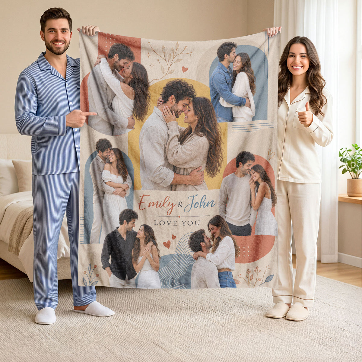Custom Photo Blanket Collage Couple Names Date Soft Fleece Throw Boho Art Anniversary Gift