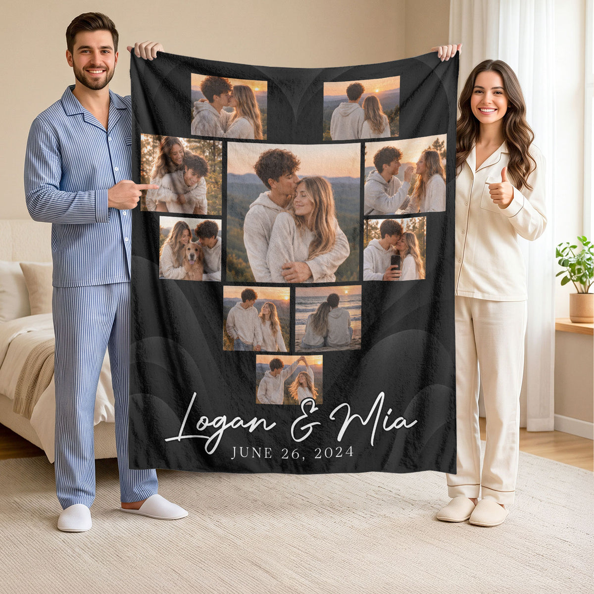 Custom Couple Photo Collage Fleece Blanket Names Date Soft Warm Bed Throw Tapestry