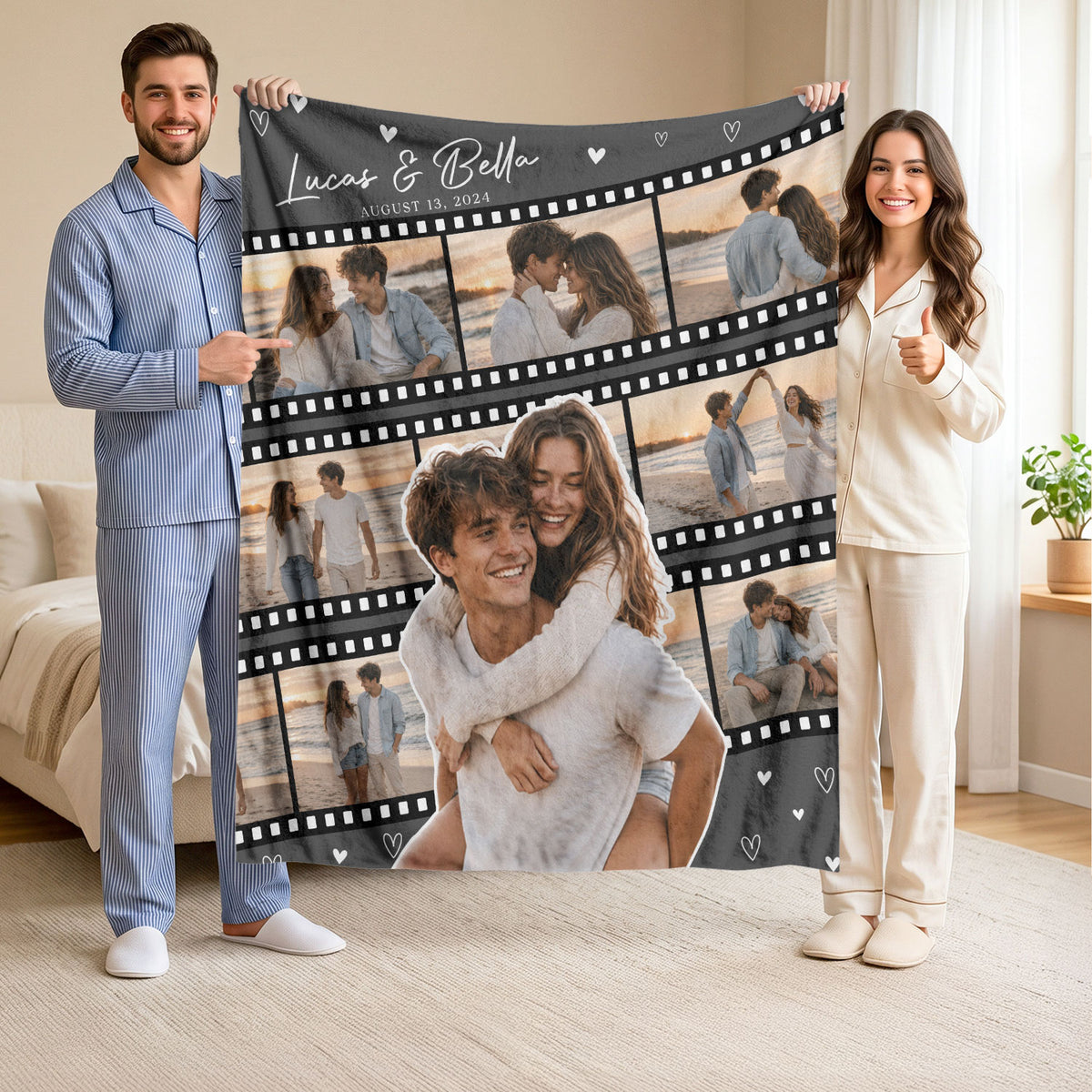 Custom Couple Film Strip Photo Collage Fleece Blanket Names Date Soft Warm Throw Piece