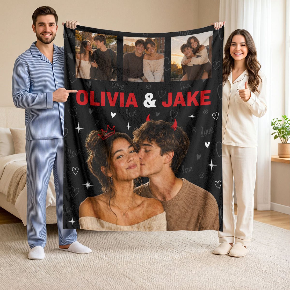 Custom Couple Photo Collage Fleece Blanket Names Soft Warm Throw Bed Tapestry Piece