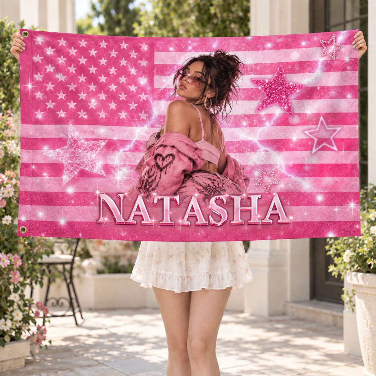 Custom Name Photo Flag American Stars Sparkle Glitter Wall Hanging Display Banner