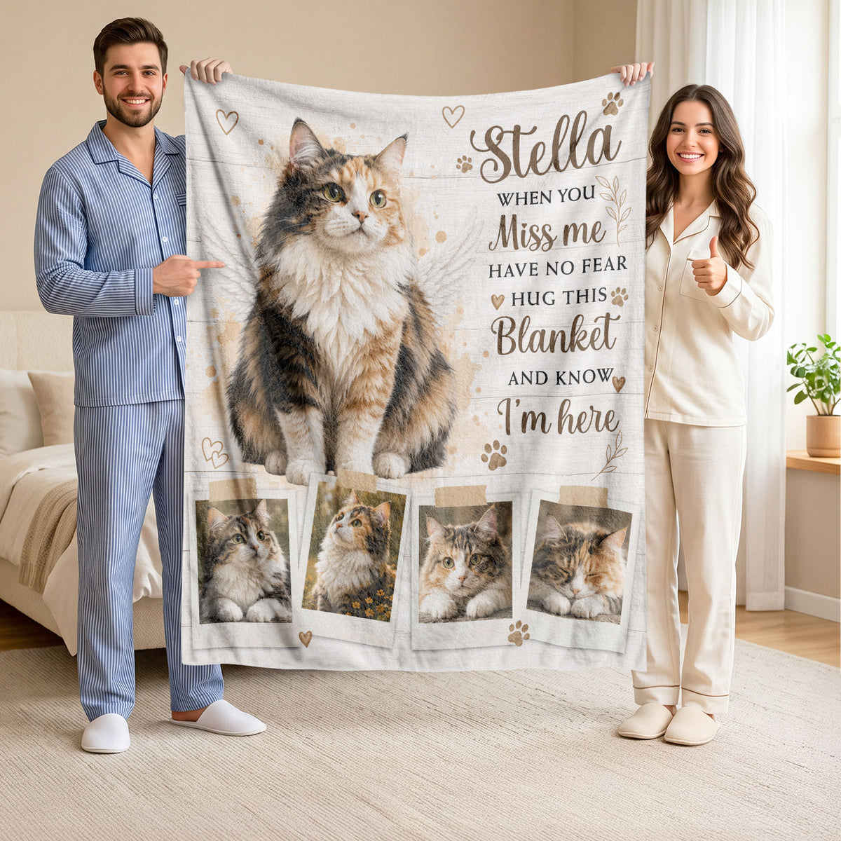 Custom Pet Cat Photo Collage Fleece Blanket Name Memory Memorial Throw Tapestry Item