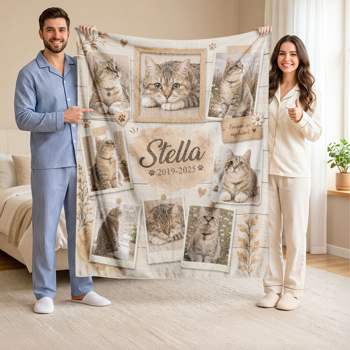 Custom Pet Cat Photo Collage Fleece Blanket Name Floral Memorial Throw Tapestry Item