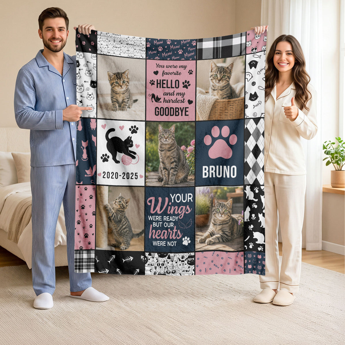 Custom Pet Cat Photo Collage Fleece Blanket Name Memorial Throw Tapestry Component Item