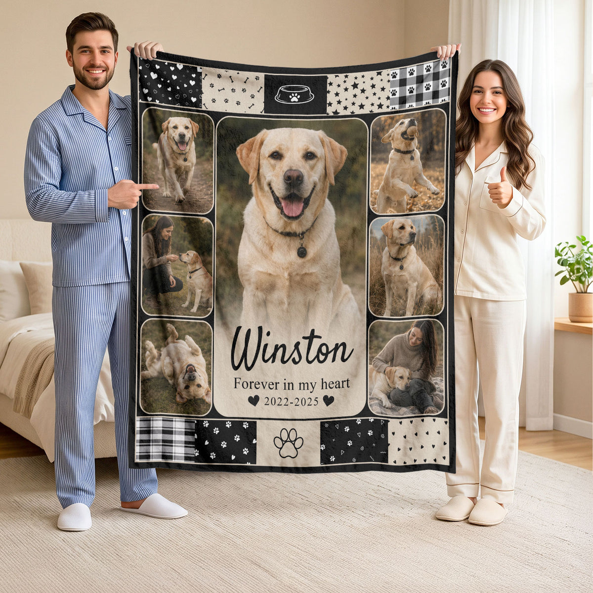 Custom Pet Dog Photo Collage Fleece Blanket Name Memory Memorial Throw Tapestry Item