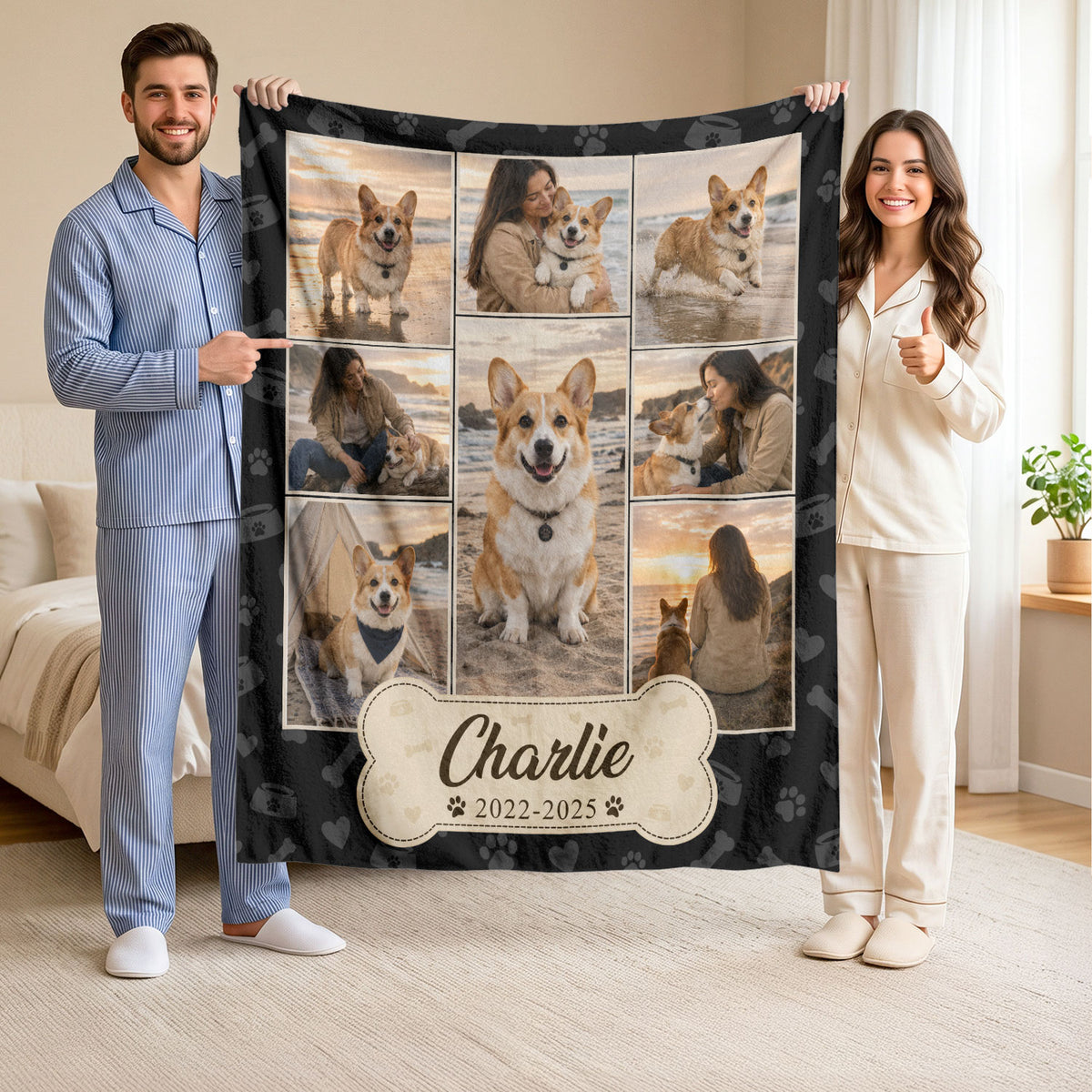 Custom Puppy Dog Photo Collage Fleece Blanket Name Memory Memorial Throw Tapestry Piece