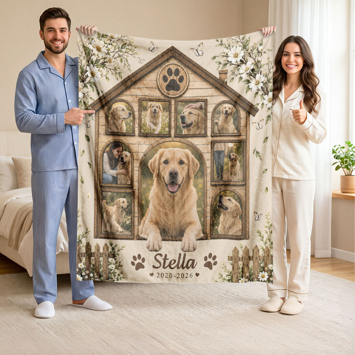 Custom Pet Dog Photo Collage Fleece Blanket Name Floral Memorial Throw Tapestry Item
