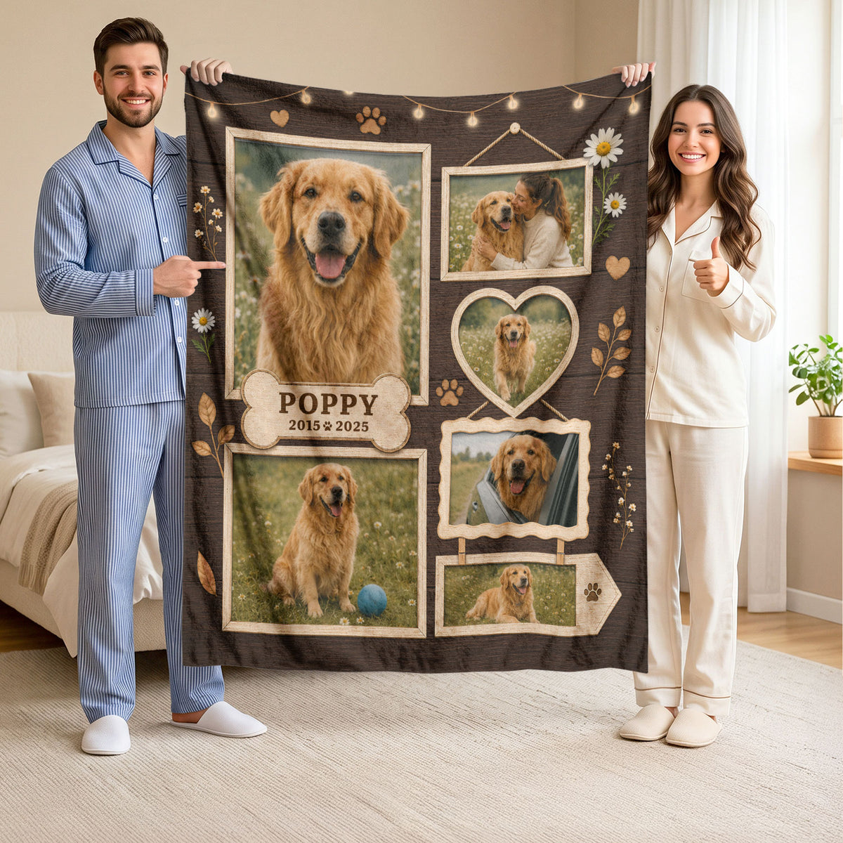 Custom Puppy Dog Photo Collage Fleece Blanket Name Floral Memorial Throw Tapestry Item