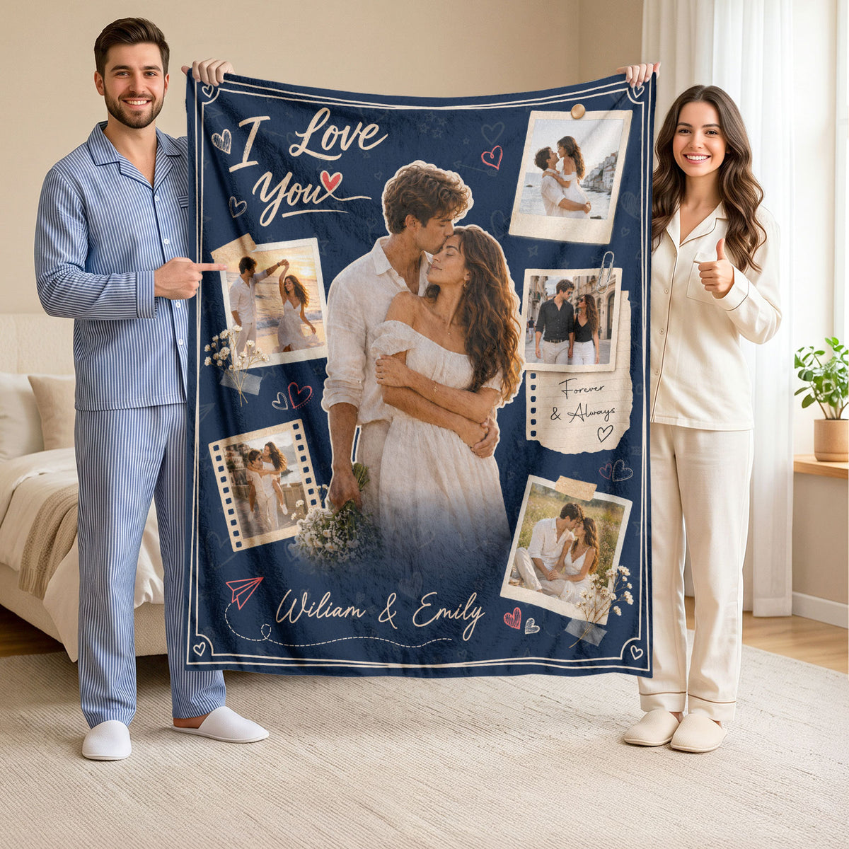 Custom Couple Photo Collage Fleece Blanket Names Text Romantic Throw Tapestry Item
