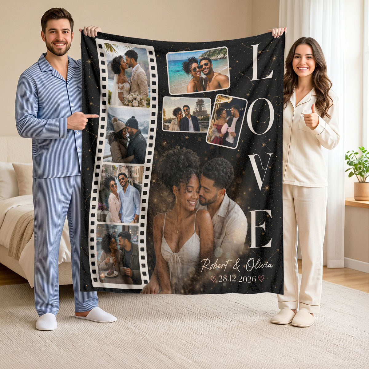Custom Personal Photo Collage Couple Fleece Blanket Names Date Love Throw Tapestry