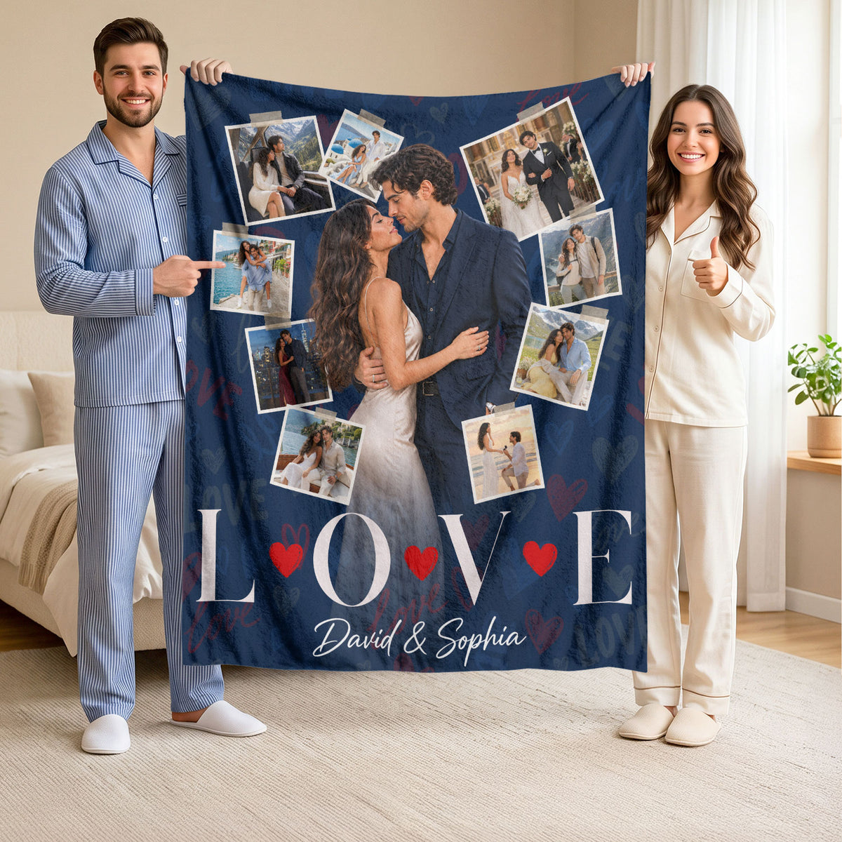 Custom Romantic Photo Collage Couple Fleece Blanket Names Text Throw Tapestry Item