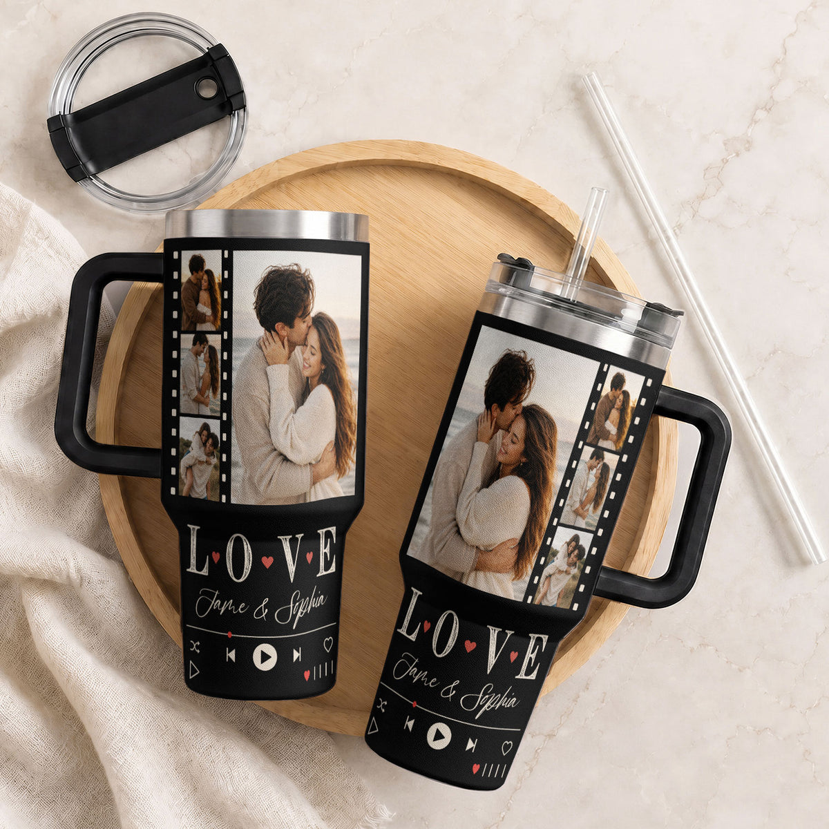 Custom Couple Photo Collage Tumbler Names Text Insulated Travel Mug Handle Cup Item