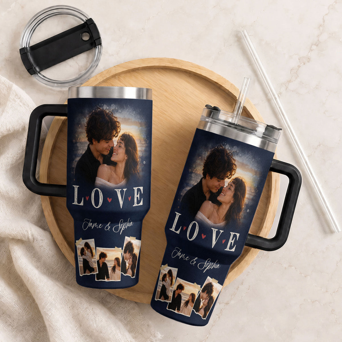 Custom Couple Photo Collage Tumbler Names Text Insulated Beverage Mug Handle Cup Piece