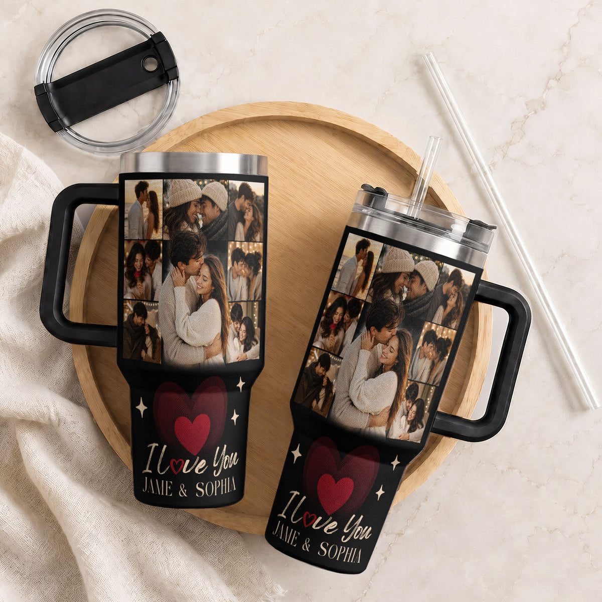 Custom Personal Photo Collage Couple Tumbler Names Text Insulated Beverage Mug Cup Item