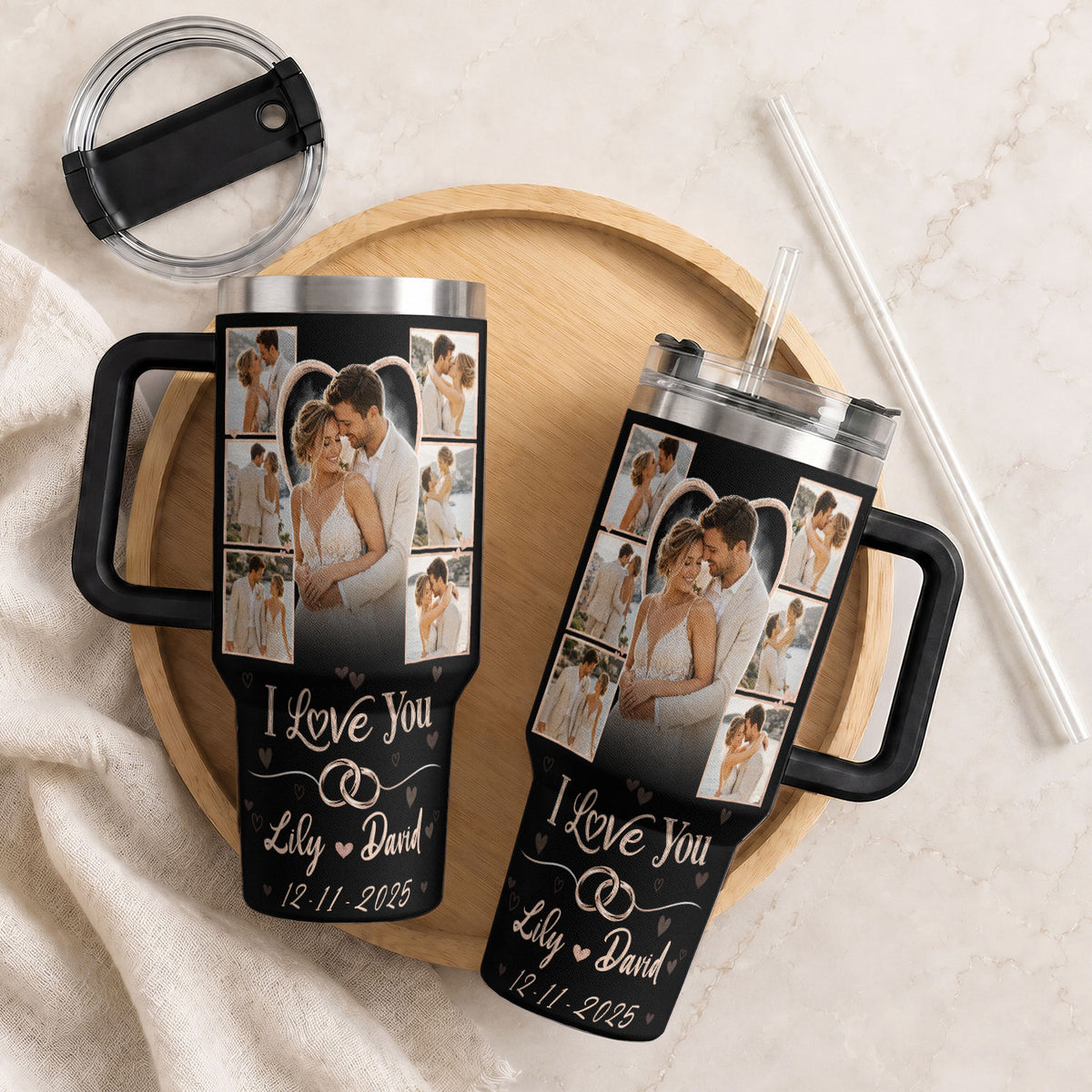 Custom Romantic Photo Collage Couple Tumbler Names Text Insulated Beverage Mug Handle