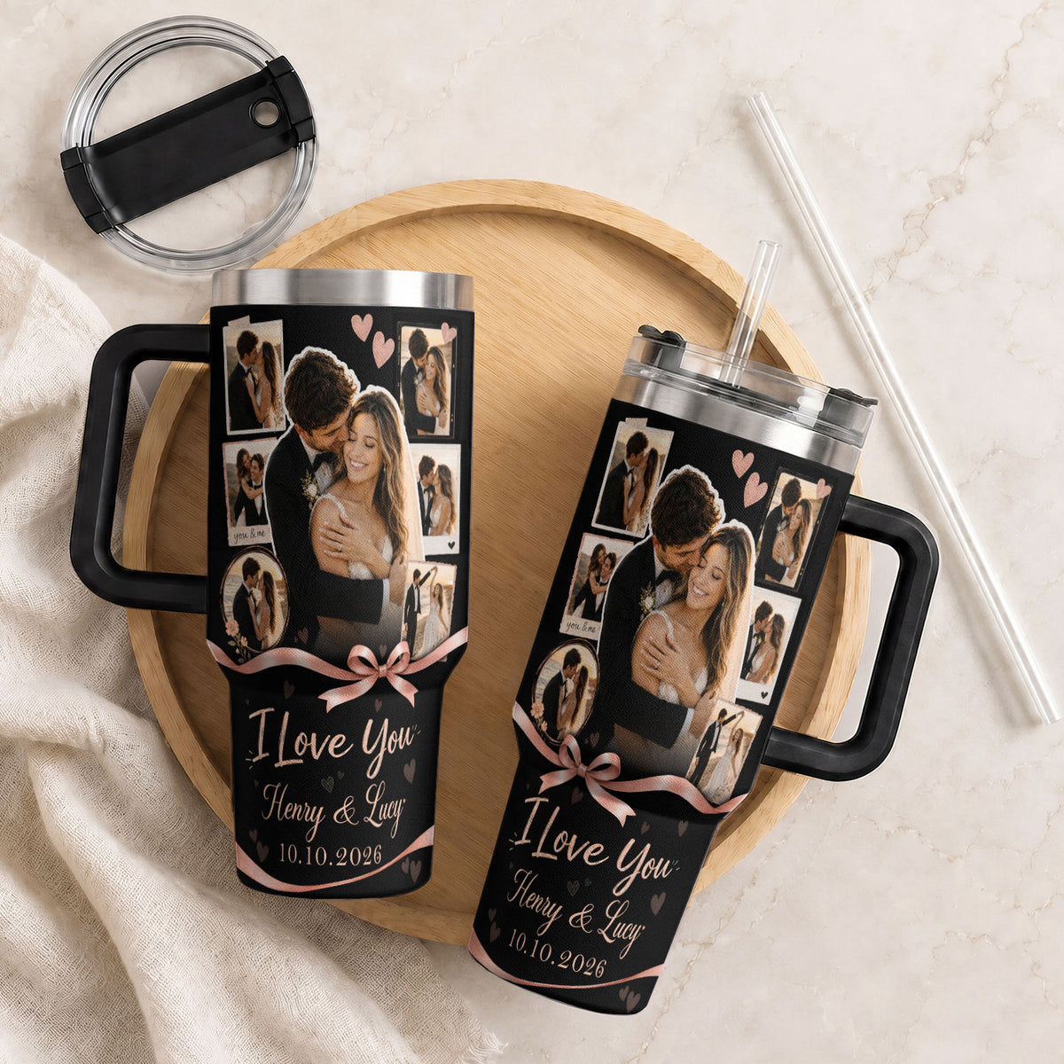 Custom Personal Photo Collage Couple Tumbler Names Text Insulated Beverage Mug Handle Cup