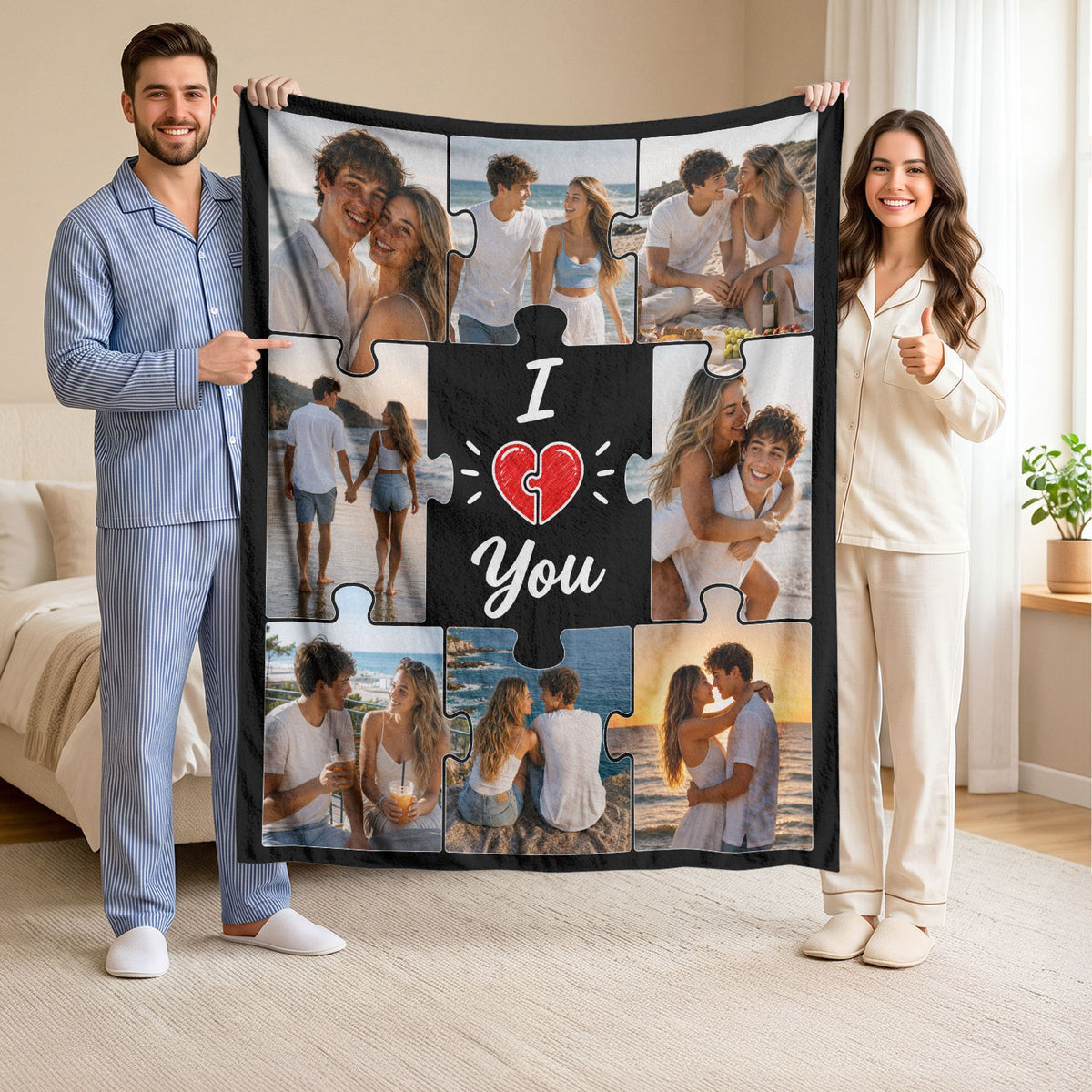 Custom Couple Jigsaw Photo Collage Fleece Blanket Text Throw Tapestry Component Item