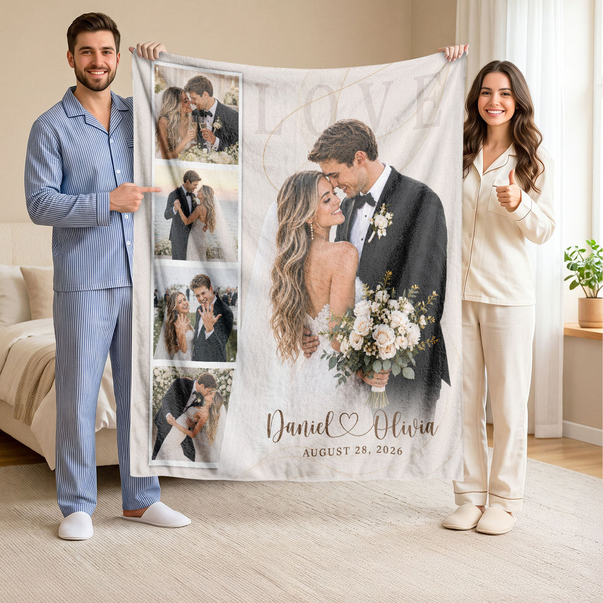 Custom Couple Wedding Photo Collage Fleece Blanket Names Date Throw Tapestry Piece