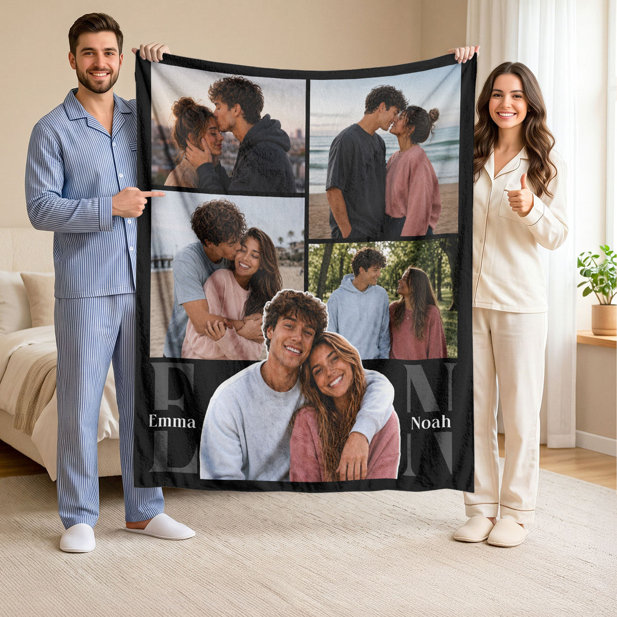 Custom Couple Photo Collage Fleece Blanket Names Typography Throw Tapestry Component