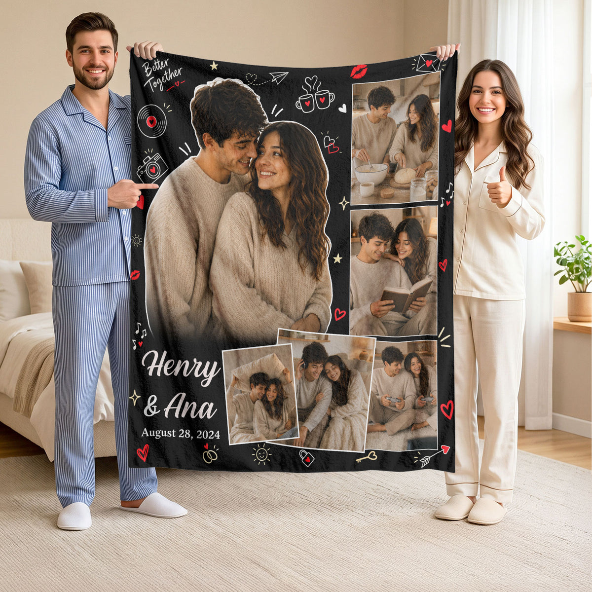Custom Couple Photo Collage Fleece Blanket Names Date Throw Tapestry Component Item