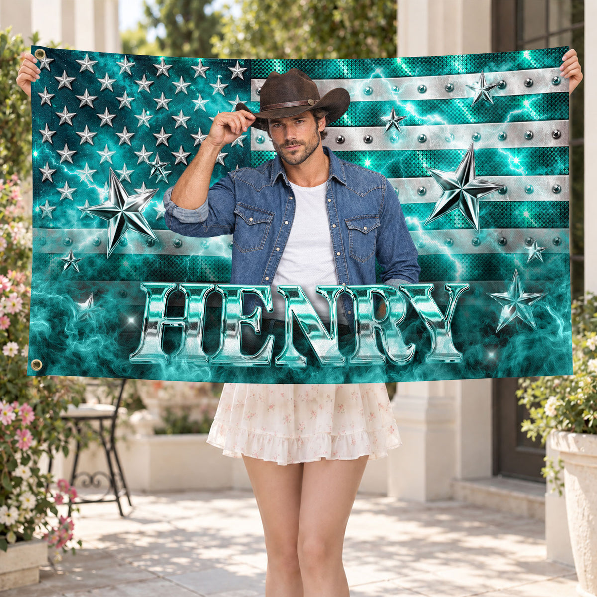 Aesthetic Teal American Flag Custom Photo Graphic Banner Retro Wall Hanging Display