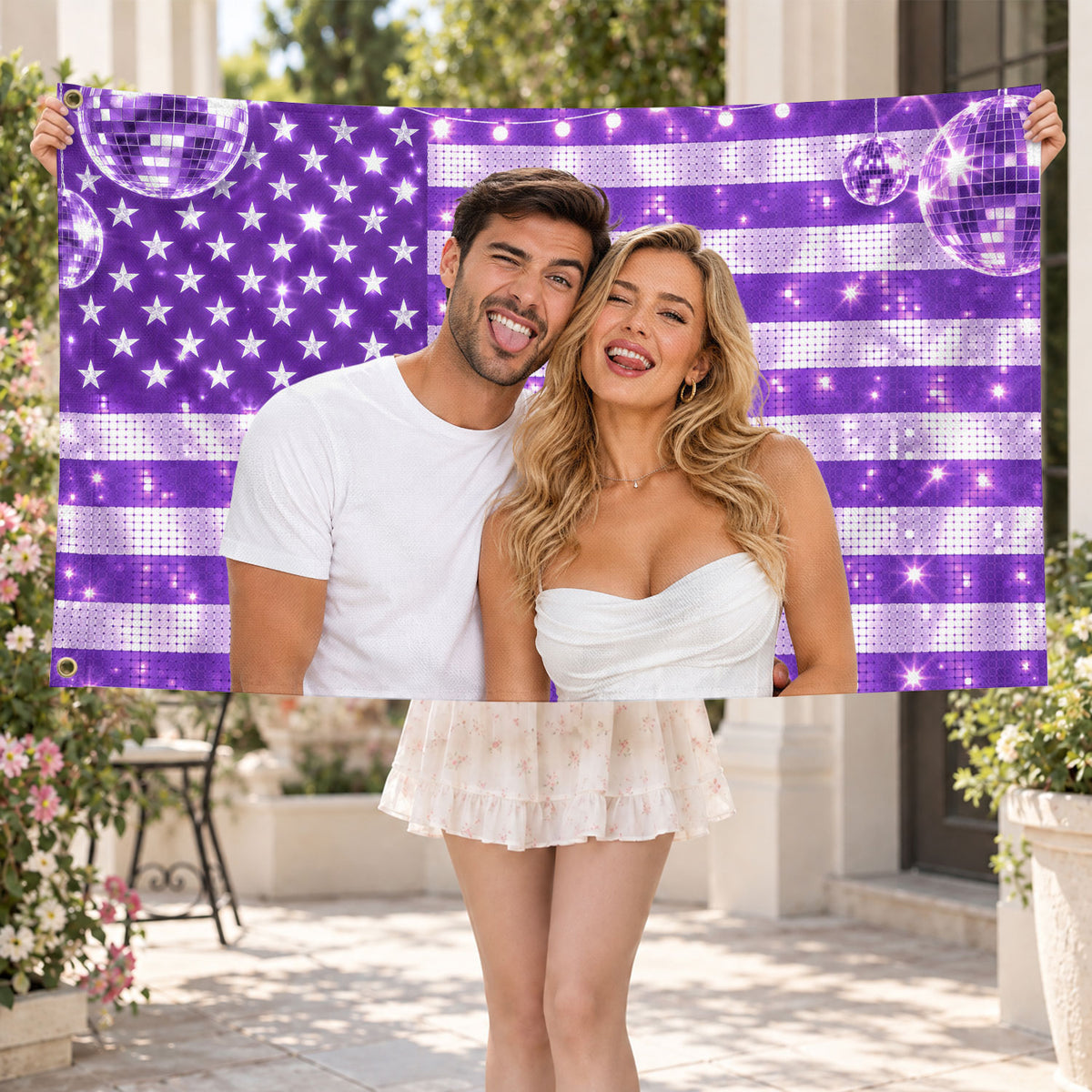 Vibrant Purple American Flag Custom Photo Graphic Banner Retro Wall Hanging Display