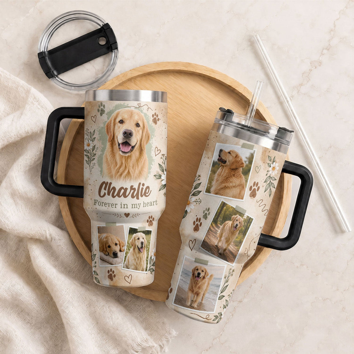 Custom Pet Photo Tumbler with Handle Personalised Dog Portrait Gifts for Dog Lover