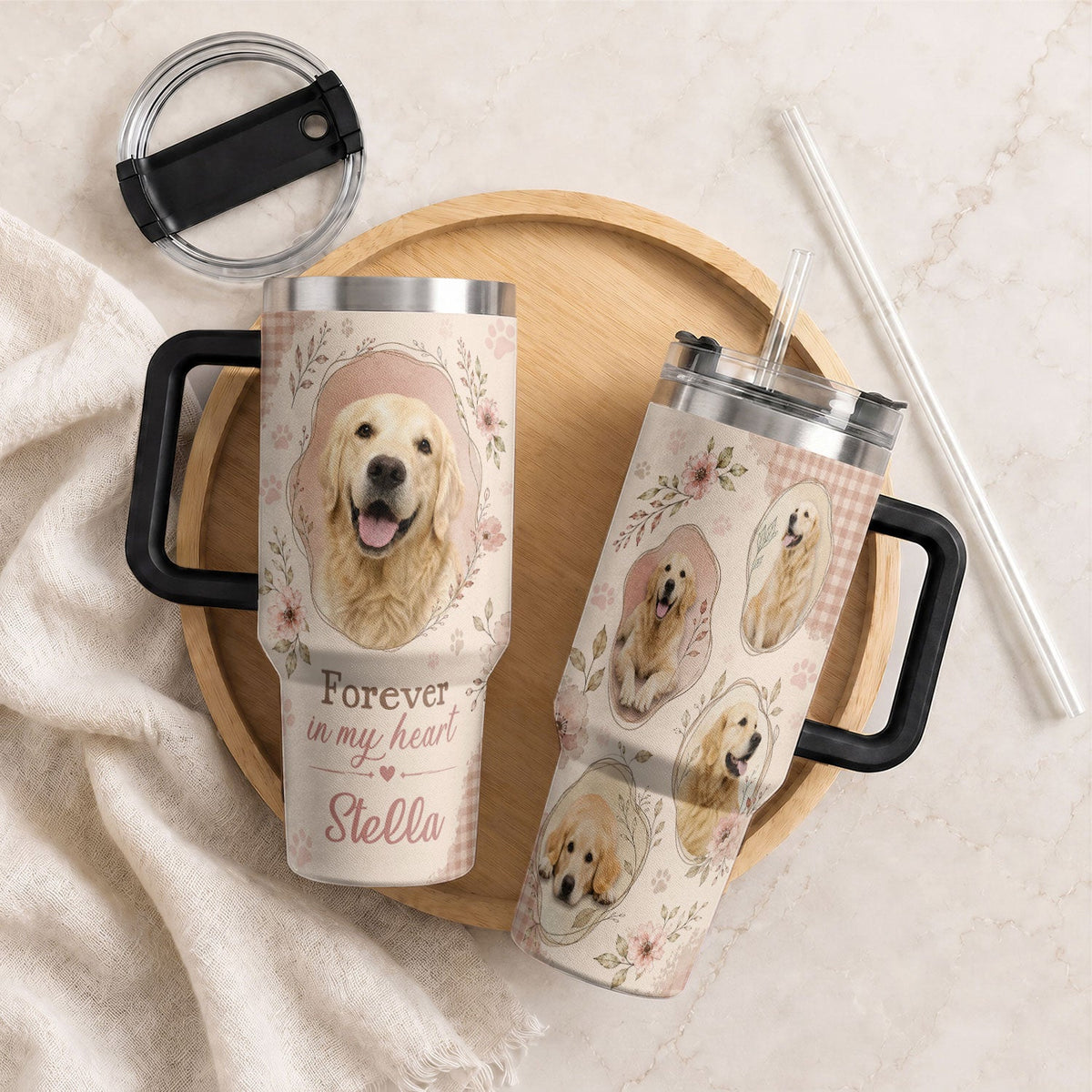 Custom Dog Photo Tumbler with Handle Forever In My Heart Personalised Pet Loss Memorial Gift