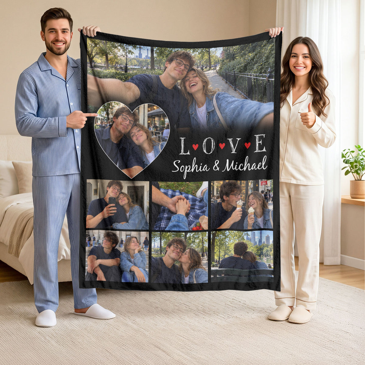 Custom Photo Collage Fleece Blanket Couple Love Heart Picture Throw Warm Bed Spreads
