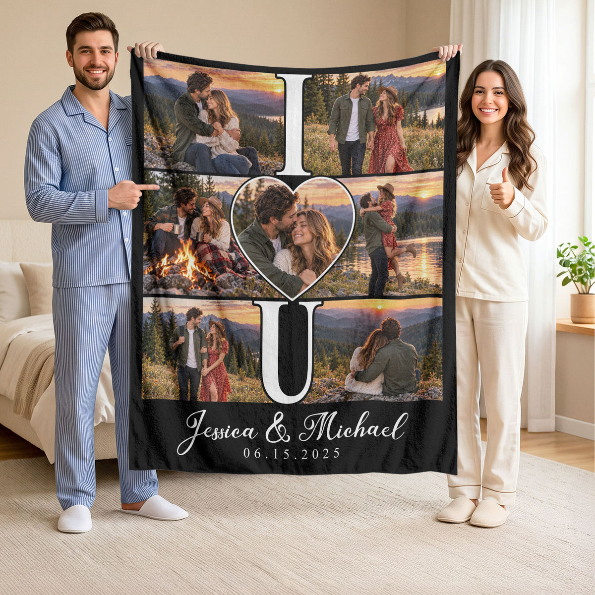 Custom Photo Collage Fleece Blanket Couple Love Heart Picture Throw Warm Bedding Cover