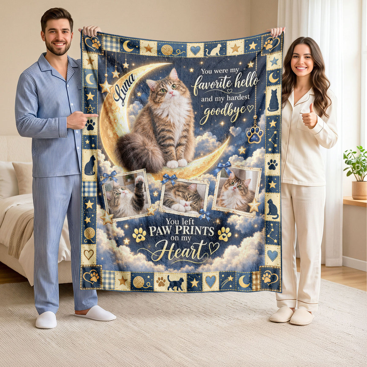 Custom Name Cat Memorial Photo Blanket Crescent Moon Celestial Wall Hanging Banner