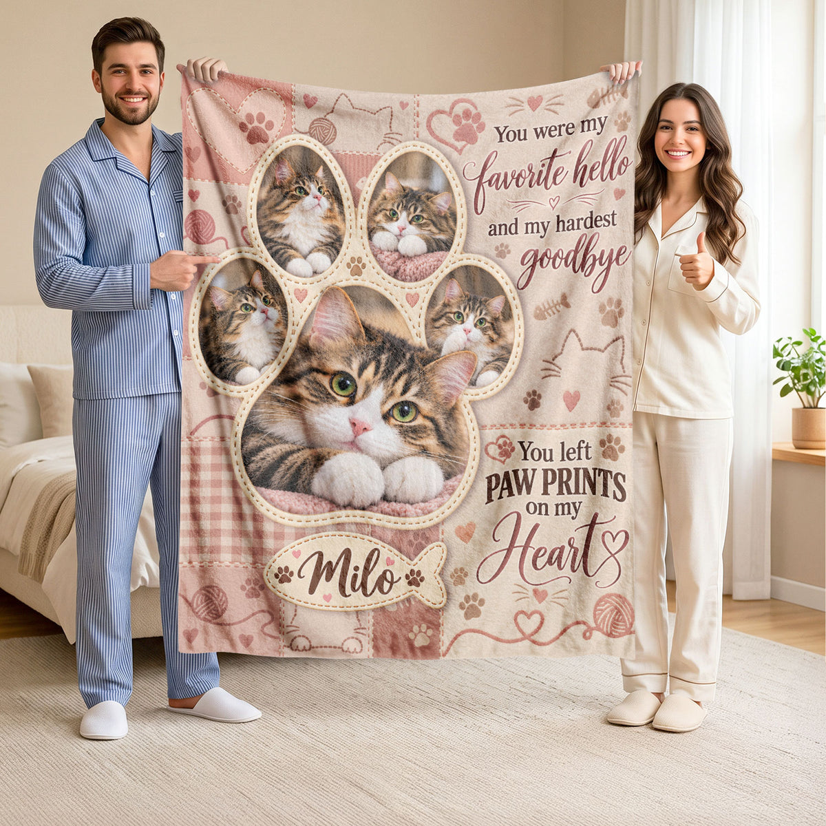 Custom Name Cat Memorial Photo Blanket Paw Print Frame Wall Hanging Display Banner