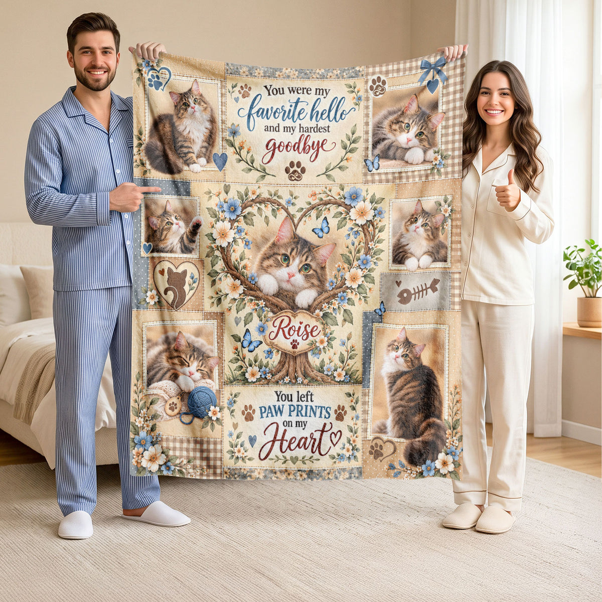 Custom Name Cat Memorial Photo Blanket Heart Tree Life Floral Wall Hanging Banner