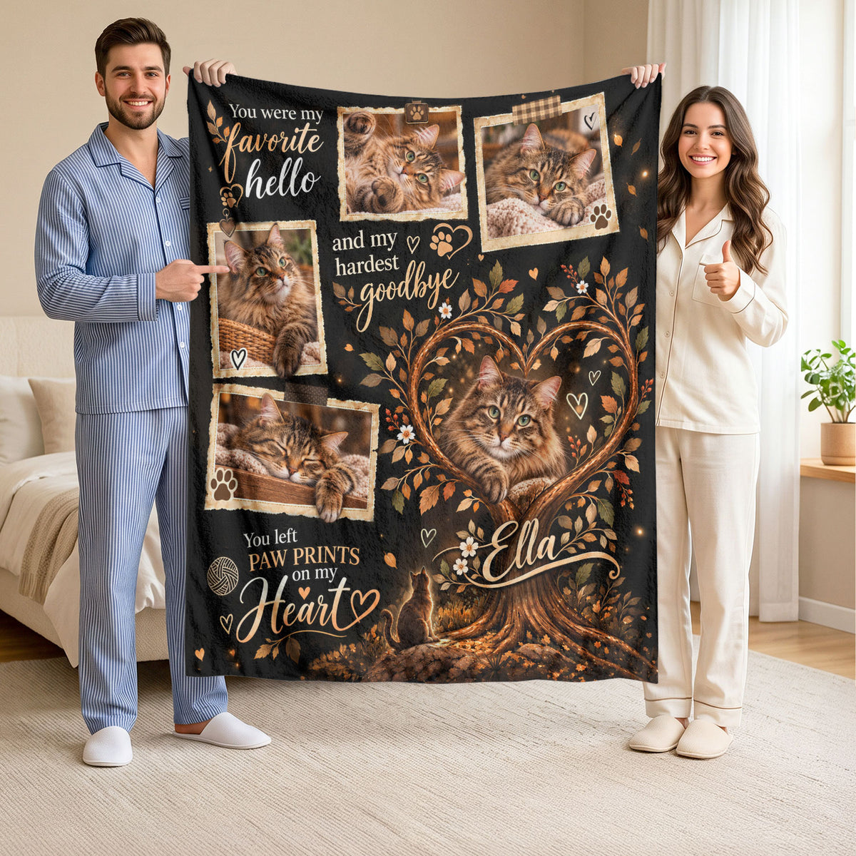 Custom Name Cat Memorial Photo Blanket Heart Tree Leaves Wall Hanging Display Banner