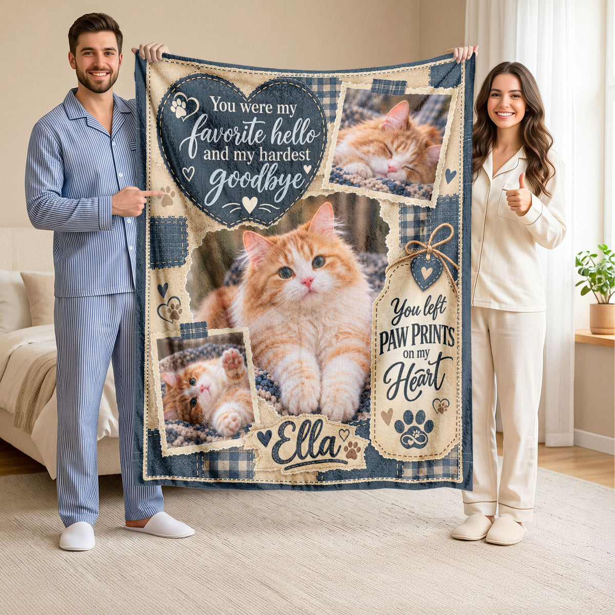 Custom Name Cat Memorial Photo Blanket Denim Patchwork Heart Wall Hanging Banner