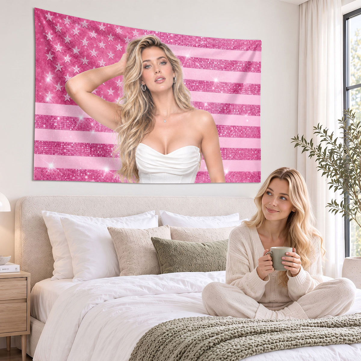 Custom Photo Patriotic American Flag Tapestry Glitter Sparkle Stars Wall Hanging Backdrop